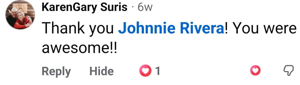 Comment from KarenGary Suris: Thank you Johnnie Rivera! You were awesome!